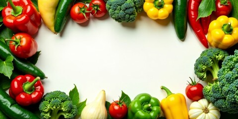 Vibrant assortment of fresh garden vegetables arranged in a circular frame, showcasing a colorful and healthy culinary concept.