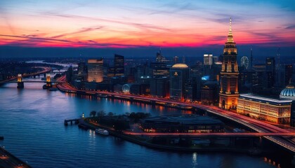 Fototapeta premium Nightfall over Hamburg: A Panoramic Cityscape