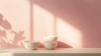 Minimalist still life with ceramic bowls against a blush pink wall illuminated by sunlight and leaf shadows