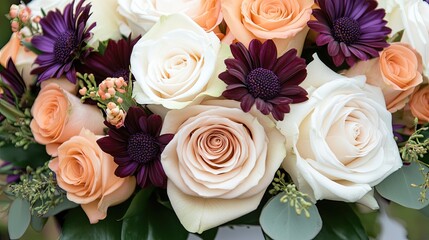 A stunning bouquet showcases a mix of roses, purple and orange flowers, adorned with a white card for personal messages or greetings