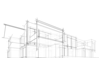 Modern flat roof house or commercial building in  drawing style. Minimalist linear sketch 3d rendering © Olha_And