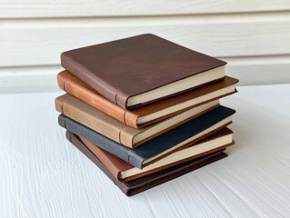 Handmade leather bound notebooks stacked various colors, showcasing craftsmanship and elegance. Perfect for writing and