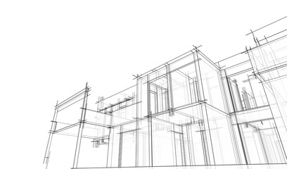 Modern flat roof house or commercial building in  drawing style. Minimalist linear sketch 3d rendering