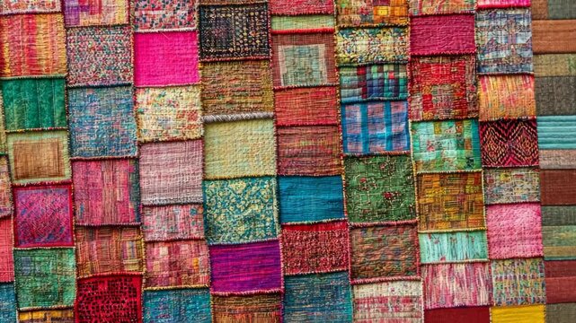 Colorful textile patchwork displayed for sale at a marketplace in Morocco during midday