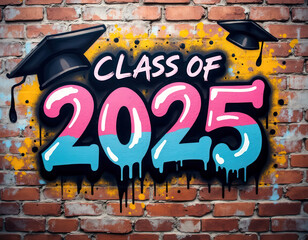 Graffiti style graduation mural design for class of 2025 with mortarboards