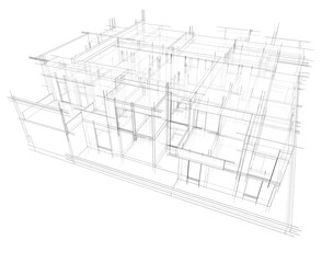 Modern flat roof house or commercial building in  drawing style. Minimalist linear sketch 3d rendering