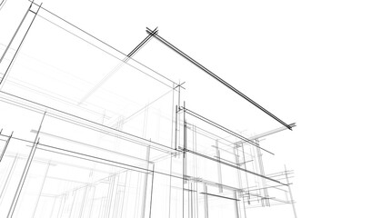 Modern flat roof house or commercial building in  drawing style. Minimalist linear sketch 3d rendering