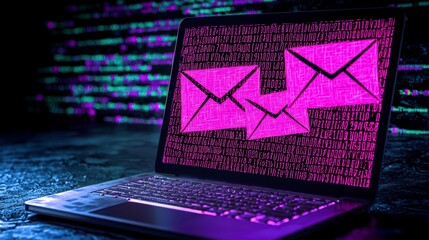 Digital Email Icons on Laptop Screen with Green Code Background