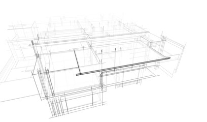 Modern flat roof house or commercial building in  drawing style. Minimalist linear sketch 3d rendering