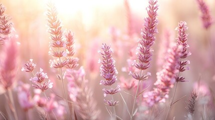 Soft sunlight illuminates a field of delicate pink wildflowers.