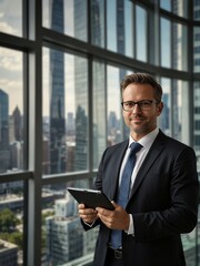 A businessman holding a tablet stands in front of city buildings