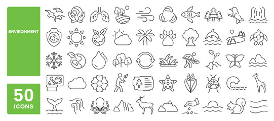Set of 50 line icons related to environment, nature, earth, pure life, animals, trees, plants, water, climate, ecology, environmental, Editable stroke. Vector illustration