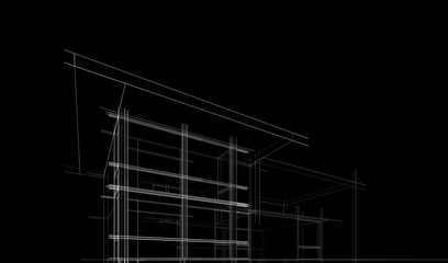 Modern flat roof house or commercial building in  drawing style. Minimalist linear sketch 3d rendering