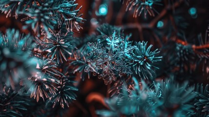 Detailed snowflake on a frosted evergreen branch