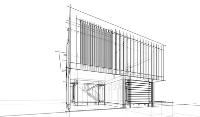 Modern flat roof house or commercial building in  drawing style. Minimalist linear sketch 3d rendering