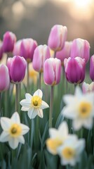 Fototapeta premium Spring Awakening in Watercolor, Tulips and daffodils