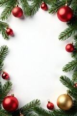 Decorated white background with ornaments and garland, border, holiday, red