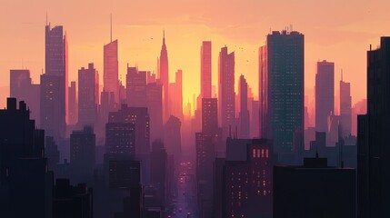 Fototapeta premium Sunset cityscape, urban skyline, street, dawn, illustration, city, buildings, skyscrapers, background, website