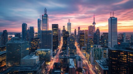 Obraz premium Cityscape sunset aerial view, downtown traffic, vibrant sky