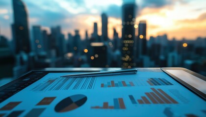 Martech Data Analysis on Tablet with Cityscape at Dusk - Business Technology
