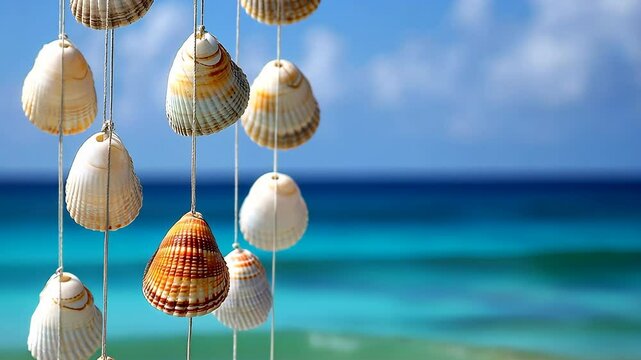 Beautiful shell mobile hangs against a vibrant blue ocean backdrop at a sunny beach