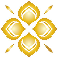 Golden ornamental floral motif isolated on a transparent background.