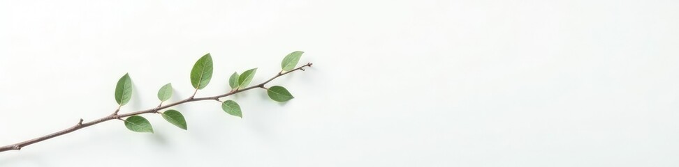 Obraz premium Delicate branch with small leaves on white background, minimalist, plant, leaf