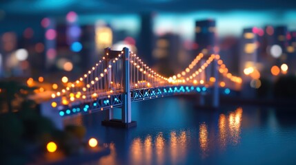 Fototapeta premium Illuminated model bridge, city skyline backdrop, night, miniature
