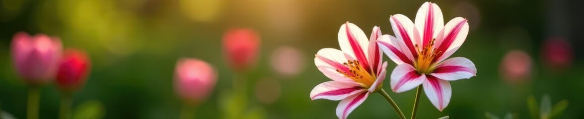 Naklejka premium Double flower bloom with white petals and red stripes in garden, spring, colors, garden