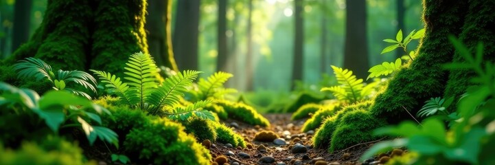 Forest floor covered with a soft layer of moss and ferns, forest understory, ferns