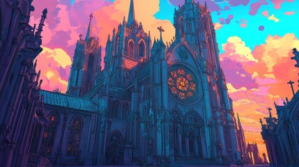 Gothic Cathedral Sunset Fantasy Game Background