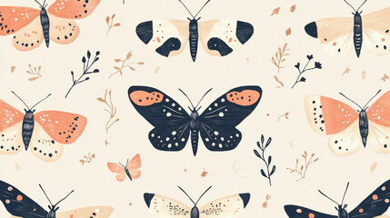 A charming, hand-illustrated seamless pattern featuring elegant moths with delicate wing textures, resting against a soft beige background