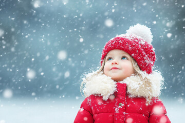Child enjoys snowflakes while wearing a red coat and hat in a winter landscape