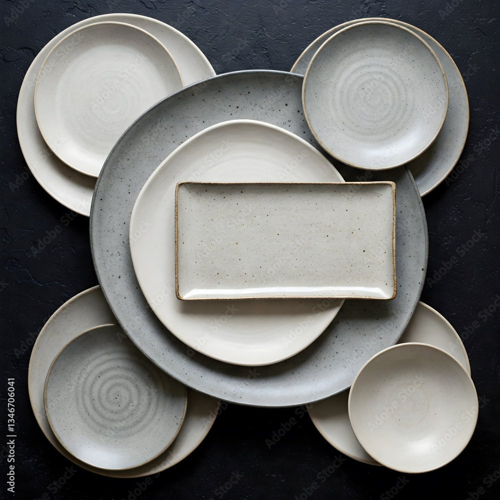 Aufkleber a collection of ceramic plates and bowls of various sizes and shades of gray are arranged in an over
