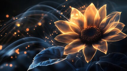 Glowing Sunflower, Night, Magic, Sparkles, Abstract, Design