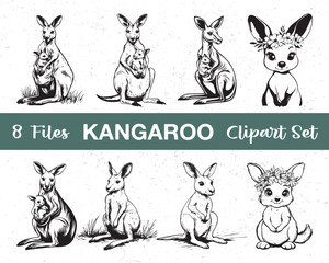 Kangaroo Clipart Set Vector Illustrations of Kangaroos, Including Cute Baby and Mother Kangaroos with Floral Designs
