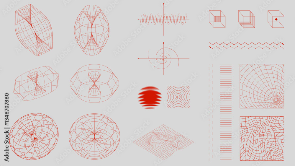 Wall mural red mathematical wireframe diagrams, force fields, abstract waveforms, and symmetrical grid structur