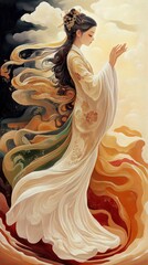 Elegant Woman in Flowing White and Gold Robe Amidst Swirling Clouds