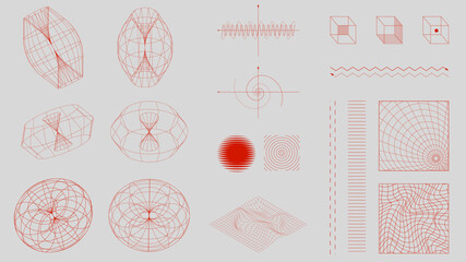 Red mathematical wireframe diagrams, force fields, abstract waveforms, and symmetrical grid structures on light background. Science. Modern aesthetics, minimalist art. Vector design