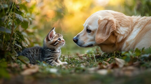 A of a kitten and puppy playing in nature is perfect for promoting pet products, social projects or family videos.