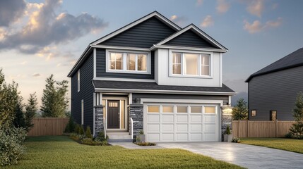 Fototapeta premium Suburban two-story home twilight rendering, neighborhood