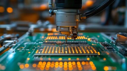 A of a robotic arm assembling microchips is suitable for technology presentations, engineering educational materials or advertising for high-tech products.