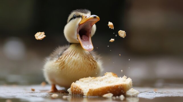 Duckling with Bread in Beak