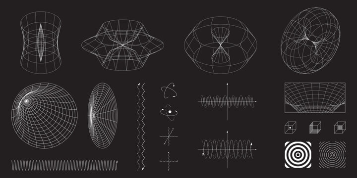 White geometric waveforms, force field diagrams, optical illusions, and atomic representations on dark background. Science. Modern aesthetics, minimalist art. Vector design for futuristic projects.