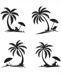 Fototapeta premium Four Tropical Palm Trees Silhouette Illustrations with Beach Chairs and Umbrellas