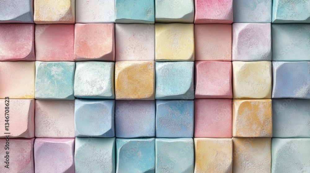 Poster cube mosaic pattern, soft pastel colors, floating effect with depth