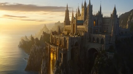 Obraz premium Coastal clifftop castle sunset fantasy game background