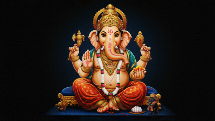 Lord Ganesha Oil Painting with Dark Background
