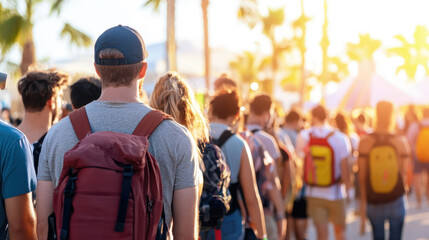 A group of young people with backpacks standing in a queue at an outdoor festival, bathed in warm sunlight. Palm trees and sun create a vibrant summer atmosphere.