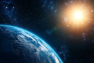 Obraz premium A visionary image of sun and earth captured from a remote cosmic standpoint revealing bold disparity between our teal planet and glowing sun 